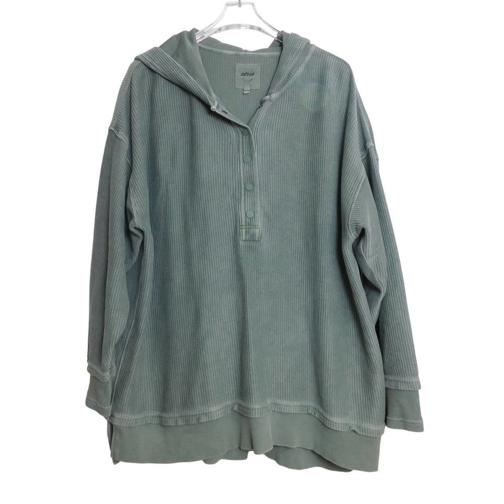 Aerie Textured Henley Hoodie Sage Green Ribbed Oversized Pullover M/M